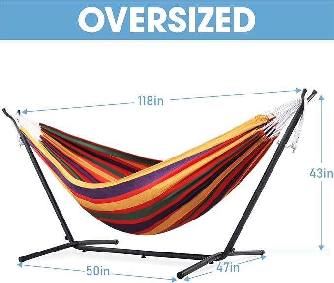 550lbs Capacity Double Hammock Adjustable Hammock Bed with 10ft Heavy Duty Steel Stand Includes Portable Carrying Case, Easy Set up Rainbow Stripe C