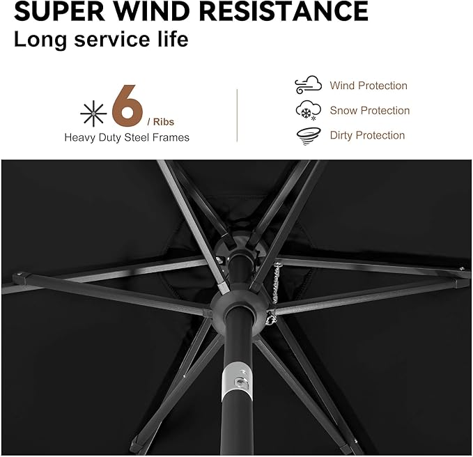 10ft Patio Umbrella Outdoor - Table Umbrella with 6 Sturdy Ribs, Market Umbrella with Push Button Tilt, UV Protection for Pool, Porch, Garden, Deck, Backyard (Black)
