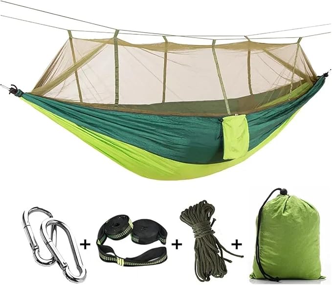 Hammock Camping Hammock with Net, Lightweight Portable Double Parachute Hammocks, High Capacity & Tear Resistance for Backyard,Hiking Camping Essentials (Color : Light green-6loops)