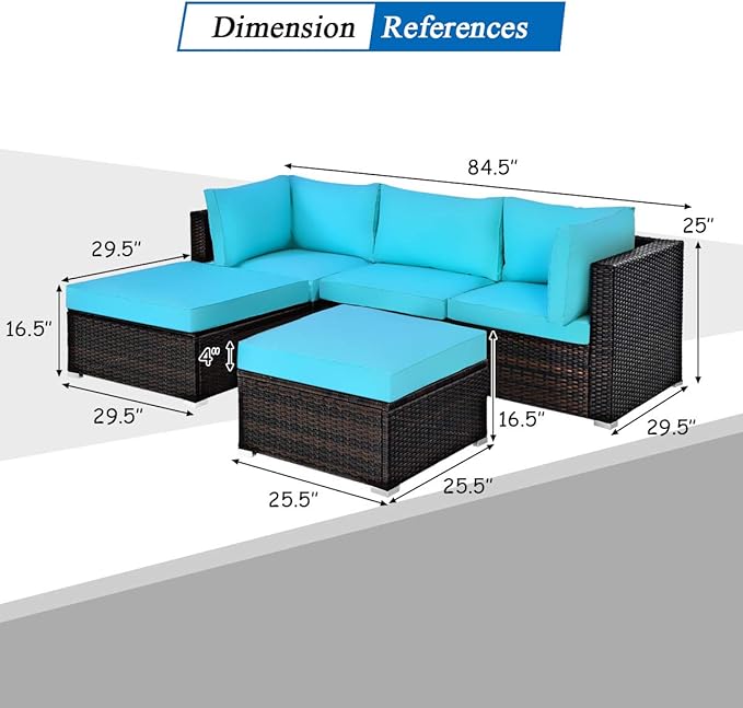 Tangkula 5 Piece Patio Furniture Set, Outdoor Sectional Rattan Sofa Set with Cushions and Coffee Table, Suitable for Backyard Porch Garden Poolside and Deck, Wicker Conversation Set (Turquoise)