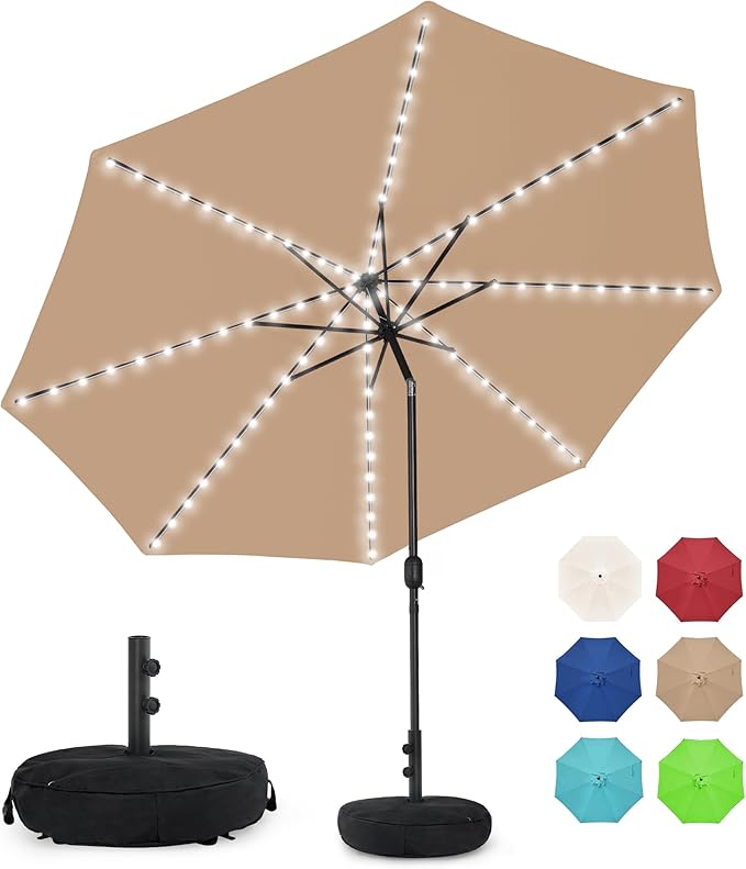 Sundale Outdoor Solar 104 LED 11 ft Patio Umbrella with Sand Bag Umbrella Base, Outdoor Umbrella with Tilt and Crank, Tan