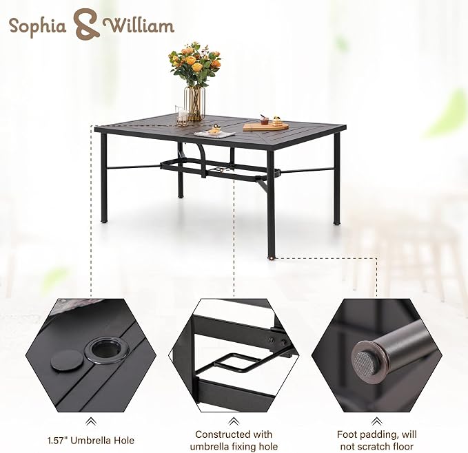 Sophia & Willliam Oversized Outdoor Dining Set 7 Piece Metal Patio Table and Chairs Set with 6 Large Padded Patio Dining Chairs & 64" Rectangular Dining Table, Deck,Lawn,Kitchen Furniture Set