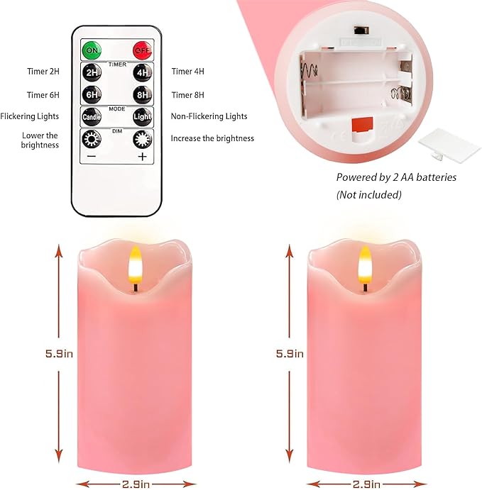 VEEKI Flameless Candles Light, Set of 2 6"x3" Flickering LED Candle with Remote & Timer, Dimmable Electric Pillar Candles Battery Operated, Pink Candles for Valentine's Day Xmas Home Decor (2PC)