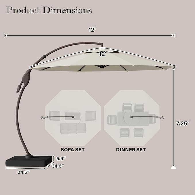 Cantilever Umbrella with Heavy-Duty Base, Outdoor Large Round Aluminum Offset Umbrella for Patio Garden Backyard, UV-Resistant Waterproof Canopy, 360° Rotation & Tilt Adjustment