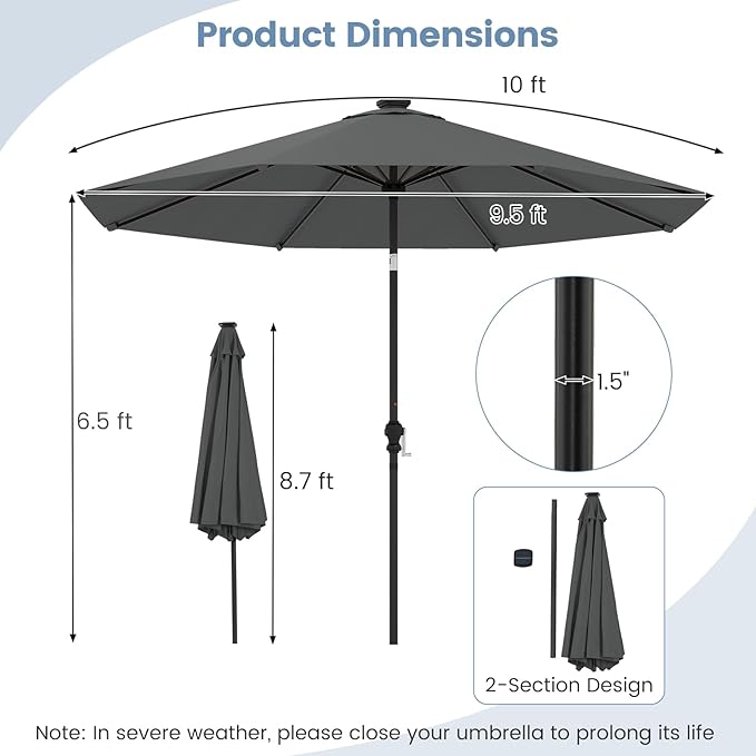 Tangkula 10 FT Solar Patio Umbrella, Outdoor Market Table Umbrella with 96 Multi-Colored Flowing LED Lights, 9 Modes, Tilt Adjustment, Crank Handle, 8 Ribs, Vented Top for Backyard Poolside Deck Lawn