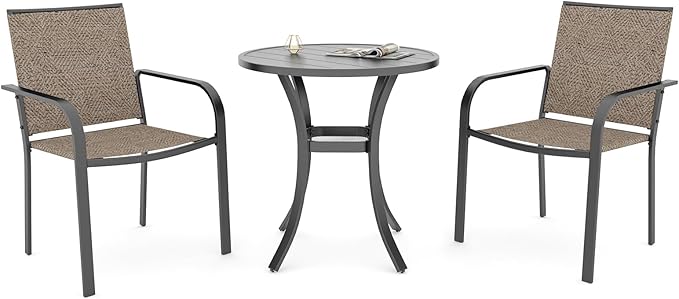 Anmutig Small Patio Dining Set with Outdoor 27.5 Inch Round Table and 2 Stackable Beige Chairs - 3 Piece
