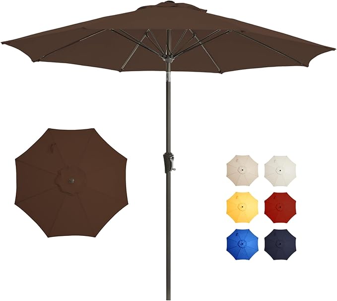 9FT Large Outdoor Patio Umbrella Pool Market Umbrella-UV Resistant, Easy Push Button Tilt and Crank, 8 Sturdy Ribs Heavy-Duty Table Umbrella for Deck, Backyard, Garden (Brown)