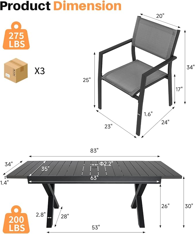 9-Piece Expandable Patio Dining Set, Never-Rust Aluminum Outdoor Dining Table Set for 8, Expandable Dining Table and Stackable Patio Chairs for Deck, Backyard, Garden, Indoor, Black