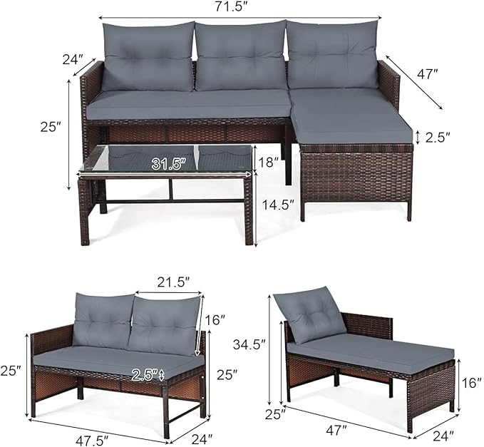 Fireflowery 3-Piece Outdoor Rattan Sectional Sofa Set, Patio Wicker Rattan Conversation Furniture Set, Steel Frame & Seat Cushion, Perfect for Garden Lawn Pool Backyard (Grey)