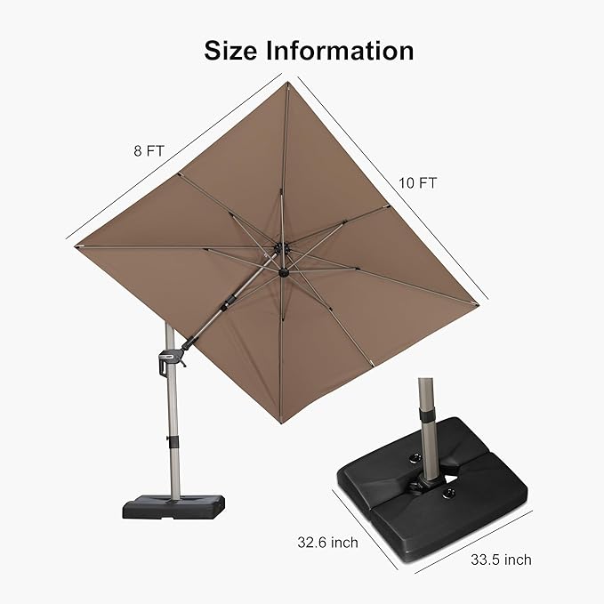 PURPLE LEAF 8' X 10' Left-right Tilting Patio Umbrella with Base Outdoor Swivel Cantilever Offset Aluminum Umbrella with Champagne Frame and 360-degree Rotation for Garden Deck Pool, Taupe