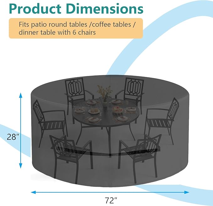 Oslimea Round Outdoor Patio Table Cover 72 Inch, Patio Furniture Covers for Outdoor Table, Waterproof, Windproof, UV Resistant and All Weather Resistant (Black, 72"DIAx28"H)