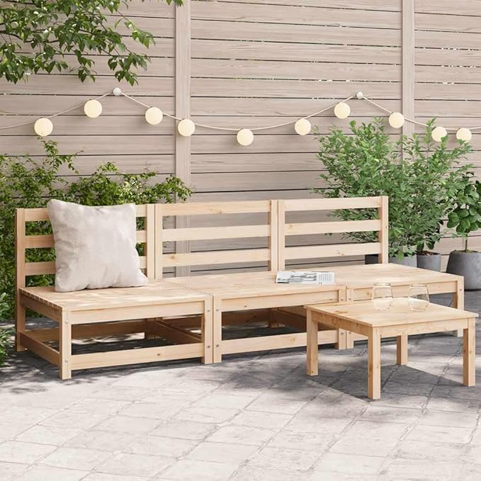 3-Piece Outdoor Modular Sofa Set Natural Pine 27.6" Square Small Patio Couch Rustic Finish for Garden Balcony Terrace