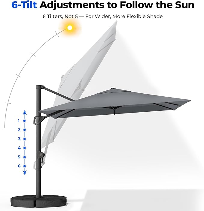 HOMSHADE 10x10 FT Cantilever Patio Umbrella Outdoor with Base- Large Offset Heavy-Duty Aluminum Umbrella with 360° Rotation, 6 Tilts, Windproof, 3-Year Fade Resistance for Pool Deck, Square, Grey