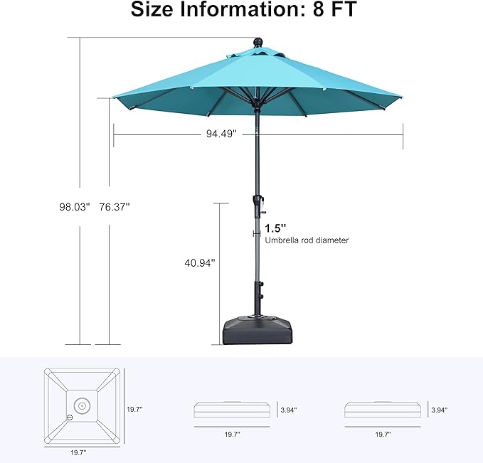 PURPLE LEAF 8' Round Patio Market Umbrella with Base Outdoor Table Umbrellas Aluminum Frame Sun Shade with 8 Sturdy Ribs Tilt for Garden Deck Lawn Pool Turquoise Blue