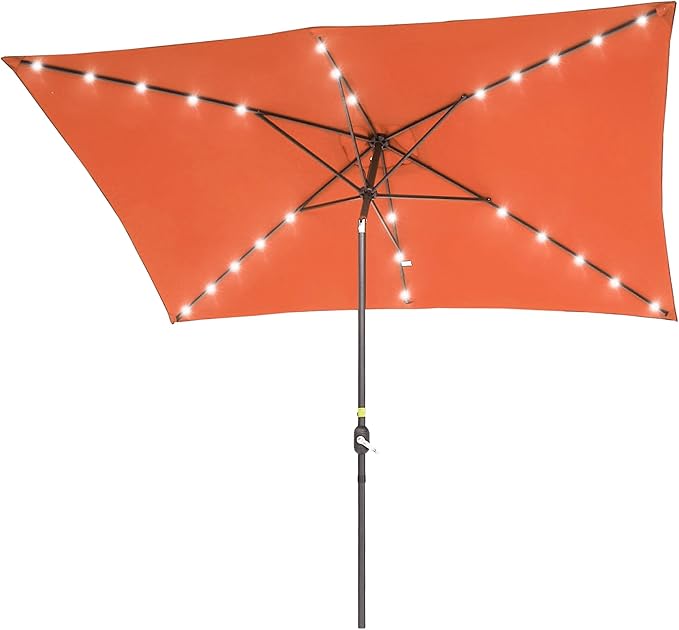 Rectangle Patio Umbrella with Solar Lights, 10 x 6.5ft Rectangular Outdoor Umbrella Table Market Patio Umbrella with Push Button Tilt and Crank for Garden, Deck, Backyard, Pool
