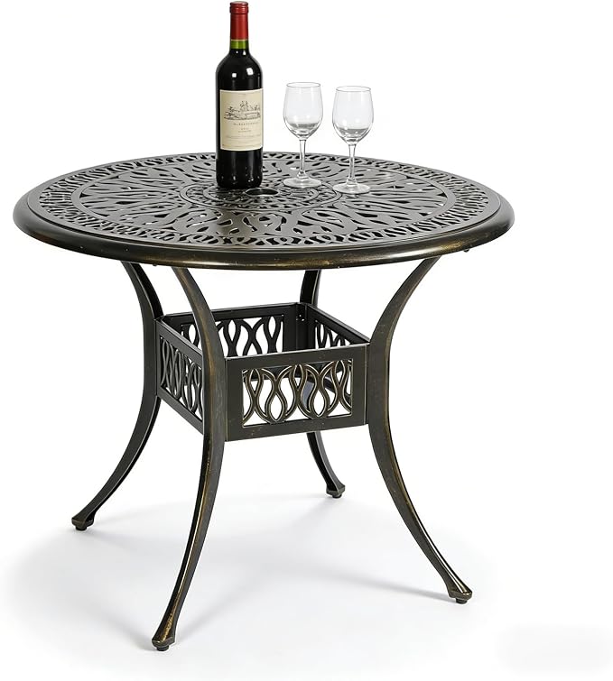 MEETWARM 35.4" Round Patio Dinning Table, Outdoor Cast Aluminum Dinning Table with 2" Umbrella Hole, Dark Bronze