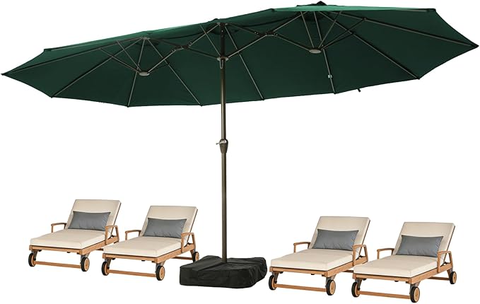 15FT Large Patio Umbrellas with Base Included, Outdoor Double-Sided Rectangle Big Market Umbrella with Stand, Outside Umbrellas for Poolside Lawn Backyard,Green