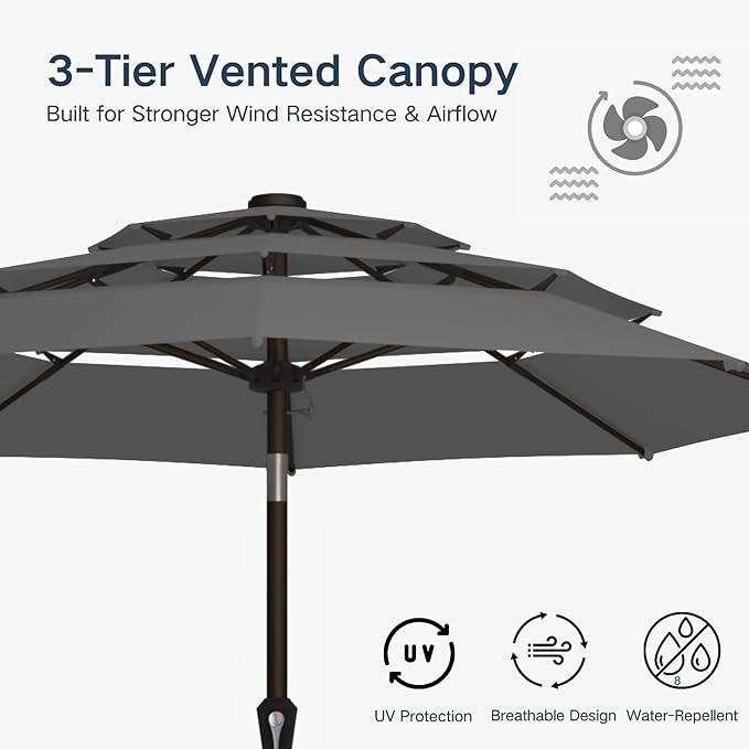 10FT Patio Umbrella 3 Tiers Outdoor Market Umbrella w/Push Button Tilt, Crank, UV and Waterproof Table Umbrella for Garden, Pool, Backyard, Deck, Lawn, Grey