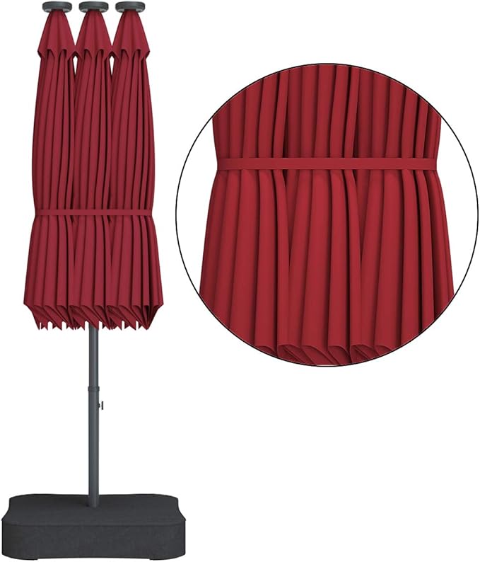 Tangkula 15 Ft Solar Patio Umbrella with Base, Extra Large Outdoor Double-Sided Twin Umbrella with 36 LED Lights & Crank Handle for Garden, Deck, Poolside, Patio (Burgundy)