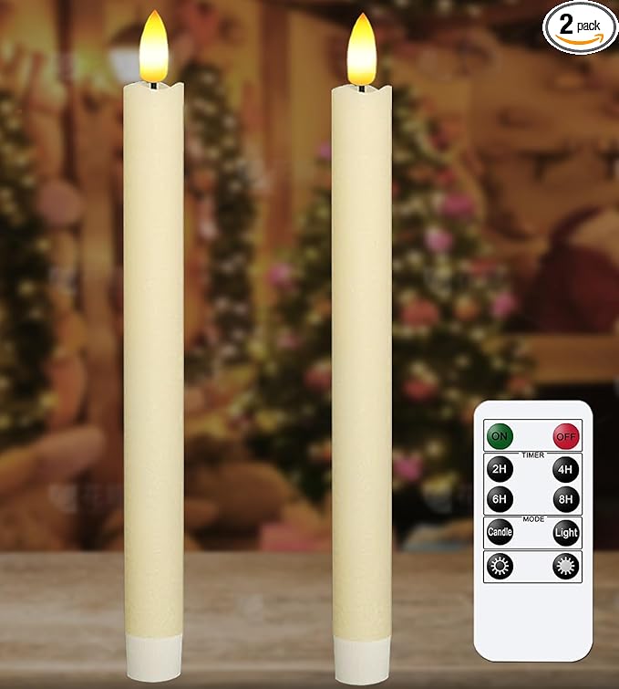 KSWING 2 PCS Upgraded Real Wax LED Flameless Taper Candles with Remote, White Candlesticks Battery Operated Flickering - 9.6” Long Realistic Fake Candle Sticks for Home/Wedding/Fireplace Xmas Decor