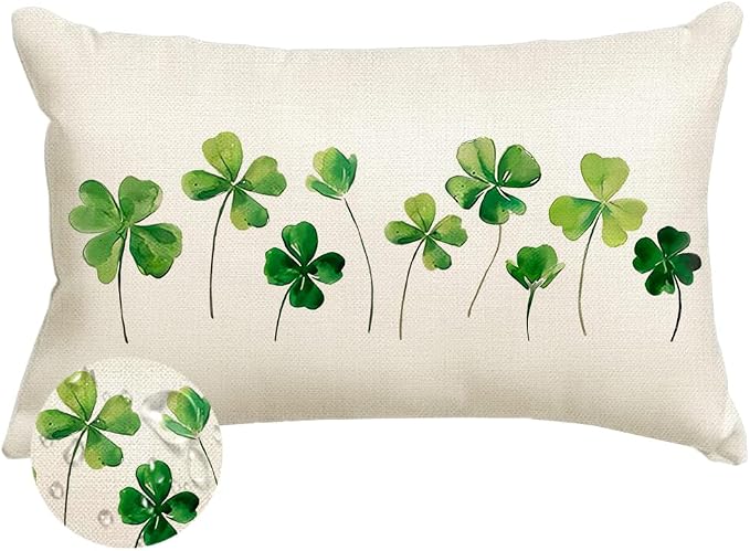 RABUSOFA St Patricks Day Clovers Pillow Covers 12x20 Inch Waterproof for Outside, Shamrock White Outdoor Farmhouse Indoor Spring Lumbar Cushion Cases Decoration for Sofa Couch (White, 12" x 20")