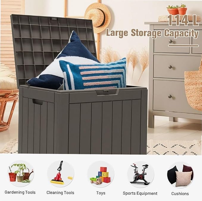 Light Brown 30-Gallon PP Woodgrain Deck Box Outdoor Storage Seat with Waterproof Lid, 22x17x21in for Patio