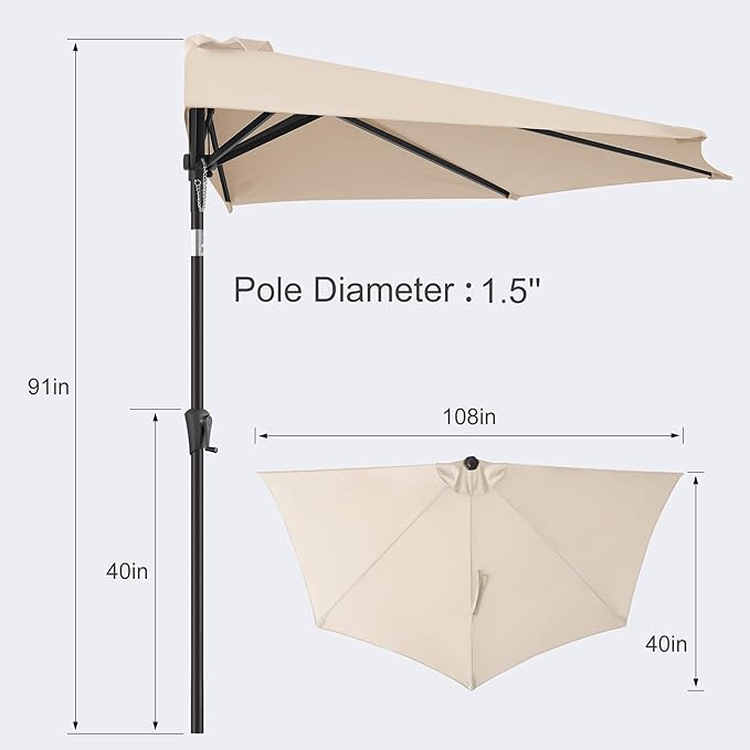 FLAME&SHADE 9ft Half Patio Umbrella - Half Outdoor Umbrella with Tilt UV Protection Waterprool, Half Round Table Umbrella for Wall Balcony, Pool, Porch, Garden, Deck, Market, Backyard (Beige)