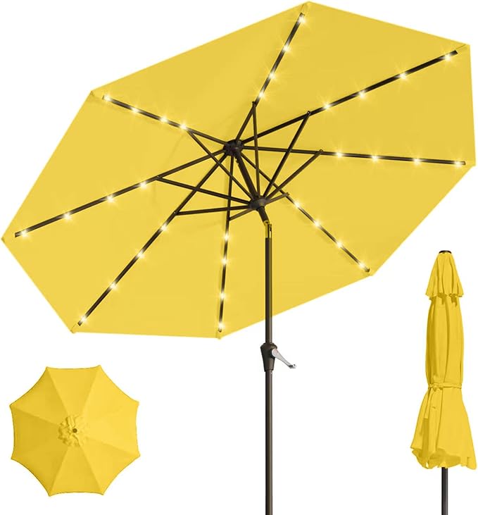 9' Solar LED Patio Umbrella with Tilt & Crank|8 Sturdy Ribs,UV Protection,Outdoor Market Table Umbrella for Deck,Lawn,Pool,Backyard(Yellow)