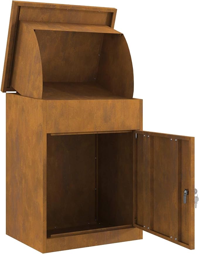 Weathering Steel Parcel Drop Box, Lockable Outdoor Delivery Mailbox for Porch, Large Secure Package Mail Drop Slot, 18.7 x 14.96 x 23.23 in, Rusty