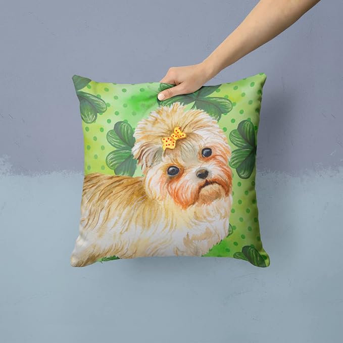 Caroline's Treasures BB9842PW1414 Morkie St Patrick's Fabric Decorative Pillow, Green Machine Washable, Indoor Outdoor Decorative Pillow for Couch, Bed or Patio, 14Hx14W