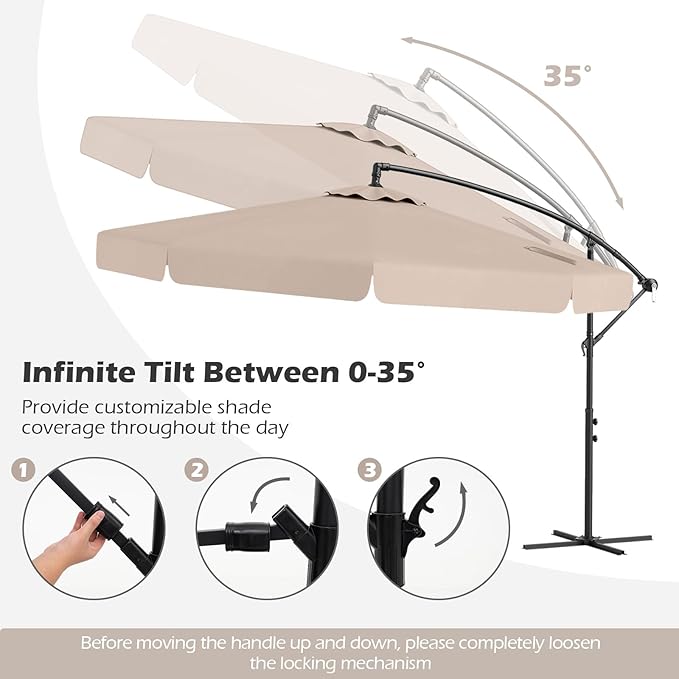 Tangkula 10FT Offset Hanging Umbrella with Cover, Patio Cantilever Umbrella w/ Easy Tilt Adjustment, Crank, Ruffled Edge, 8 Ribs, Sun-Protective Canopy, Heavy-Duty Outdoor Parasol for Pool Garden Deck (Beige)