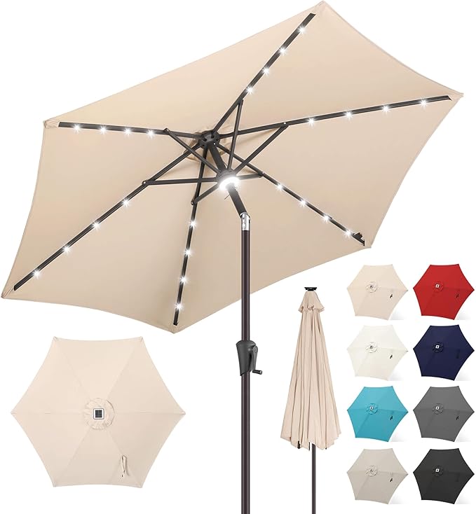 FLAME&SHADE 7.5 FT Solar Light Patio Umbrella, 24 LED Lights Outdoor Umbrella with Centre Surround Light, Table Umbrella Outdoor Patio for Deck, Pool, Backyard, Garden, UV Protection (Beige)