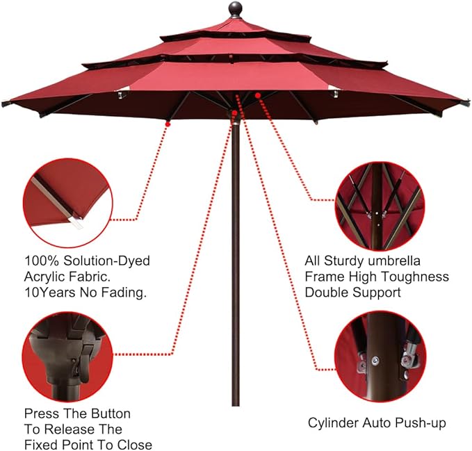 EliteShade USA 10-Year-Non-Fading 11ft 3-Tier Market Patio Umbrella, Commercial Grade Outdoor Table Umbrella with Cylinder Push-Up, Windproof & UPF 50+ UV Protection, Heavy Duty Ventilation for Garden, Deck, Pool, Backyard, Beach & Bistro, Burgundy