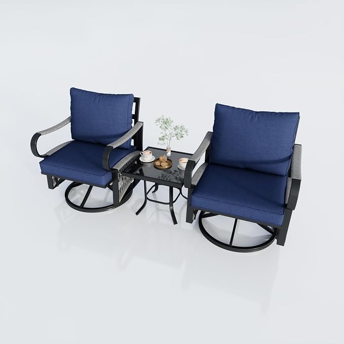 3 Pieces Outdoor Furniture Set, Metal 360° Swivel Rocking Chairs Bistro Sets, Patio Conversation Set with Side Table for Deck, Porch, Garden, Backyard, Poolside (Blue Cushions)