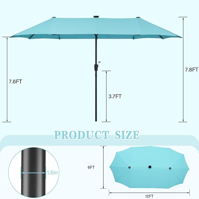 13 ft Patio Umbrella with 36 LED Lights, Large Rectangle Outdoor Solar Umbrella with Strap, Crank, Blue