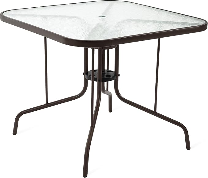 Patio Dining Table for 4 with Umbrella Hole, Outdoor 5 Piece Dining Set 36" x 36", Brown, for Garden Backyard Poolside Front Proch Outside