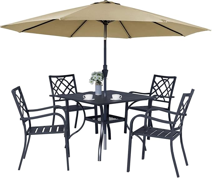 Oakcloud 5-Piece Patio Dining Set with Brown Umbrella, Outdoor Metal Furniture Dining Table Set, 4 Stackable Patio Dining Chairs and Square Dining Table with Umbrella Hole