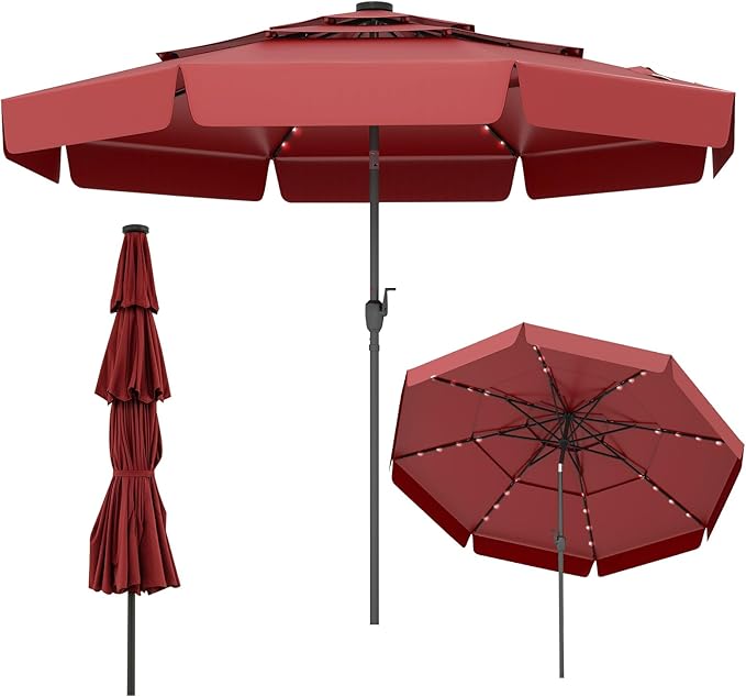 Tangkula 10 FT Solar LED Patio Umbrella, 3-Tiers Scalloped Outdoor Table Market Umbrella with 32 LED Lights, Tilt Adjustment, Crank, 8 Sturdy Ribs for Pool, Deck, Backyard (Burgundy)