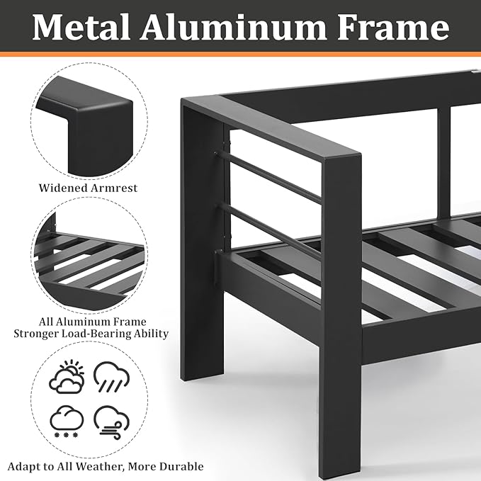 Patio Conversation Sets, Aluminum Outdoor Couch with Outdoor Coffee Table, All-Weather Metal Patio Couch with 5" Thick and Soft Cushion and Wide Arm, Outdoor Sofa Sets for Balcony, Porch, Dark Blue