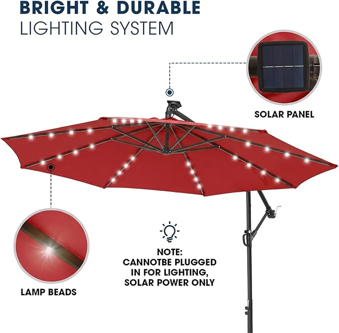 wikiwiki 10ft Solar LED Offset Patio Umbrella, Outdoor Cantilever Patio Umbrellas with Solor Lights for Backyard, Poolside and Garden, Easy Tilt Adjustment, Polyester Shade, Bright Red