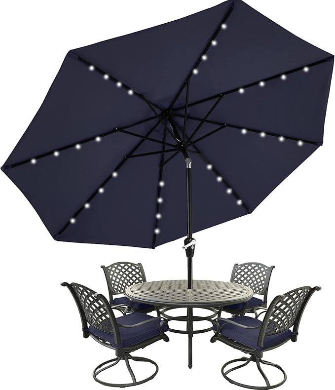 MASTERCANOPY 9FT 8Ribs Patio Umbrella with 32 Solar LED Lights, Outdoor Market Umbrella with Tilt & Crank, UV Protection & Fade Resistant Fabric, Easy Set-Up for Garden, Deck, Pool (Navy Blue)