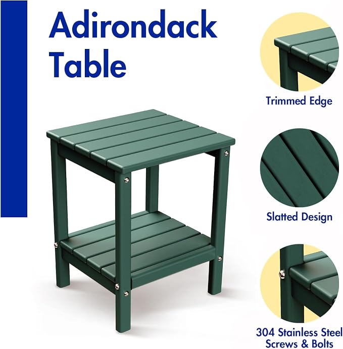 BRIOPAWS Outdoor-Side-Tables | Set of 2 | Small | HDPE Plastic | Patio End-Table | 2-Shelf Adirondack Outside Tables | All Weather | for Poolside Front Porch Indoor Living Room | 14" x 13" | Forest