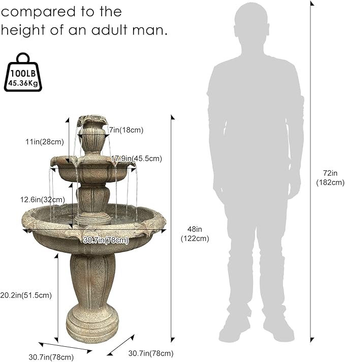 Naturefalls 48" Water Fountain Outdoor - Large Waterfall Fountain Outside, 3-Tiers Cascading, Fiber Reinforced Concrete, Indoor and Outdoor Fountain for Garden, Patio, Backyard, Lawn, Yard Decor