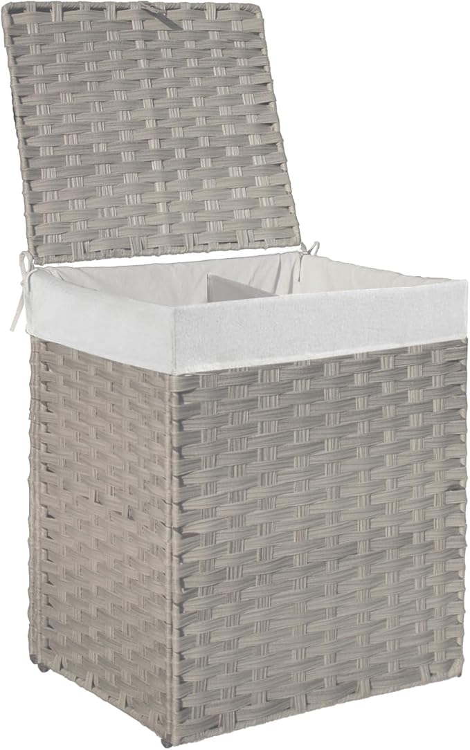 Outdoor Wicker Laundry Hamper with Lid,90L Foldable Laundry Basket with Removable,Machine Washable 2-Section Liner and Handles,Handwoven Gray Rattan Hamper for Organization and Storage