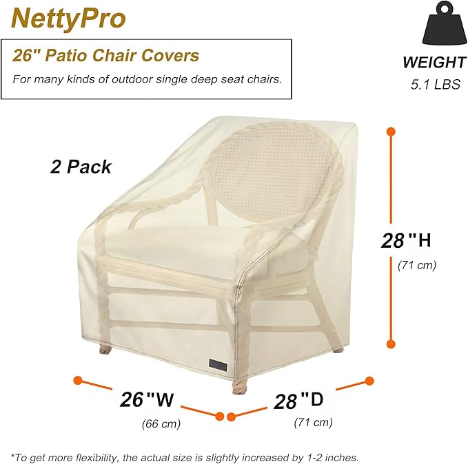 NettyPro Waterproof Patio Chair Covers 2 Pack, 600D Heavy Duty Outdoor Seat Cover, 26W x 28W x 28H inch, Beige