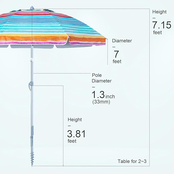 Tempera Heavy Duty High Wind Beach Umbrella with Sand Anchor & Carry Bag | Patio Outdoor Umbrella with Aluminum Frame and Push Button Tilt, Ideal for Travel Garden Lawn, UPF 60+