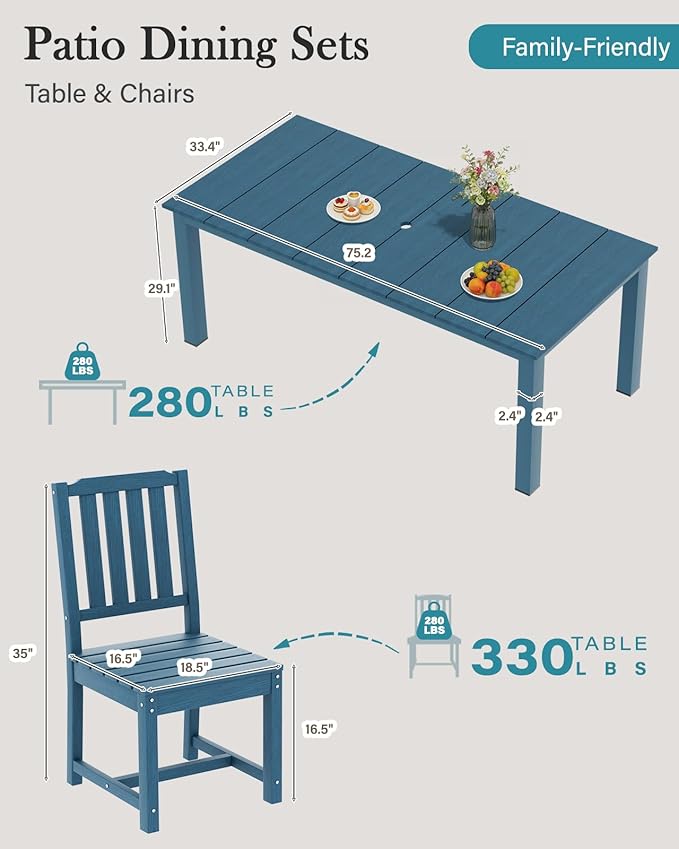 LOUNZY 9 Pieces Patio Dining Sets, Outdoor HDPE Furniture Set for 8 w/ 2" Hole Cut-Out Dining Table with 8 Patio Chairs(2 W/Armrest, 6 w/o Armrest), Navy