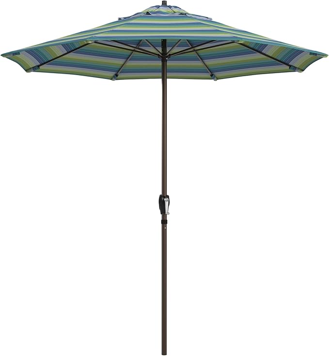 California Umbrella 12-Year Protection 7.5-Ft Outdoor Patio Umbrella, Sunbrella Fade-Resistant Fabric, Auto-Tilt, Heavy Duty Aluminum Frame, 8 Reinforced Ribs for Pool or Deck, Bronze Pole, Seville Seaside