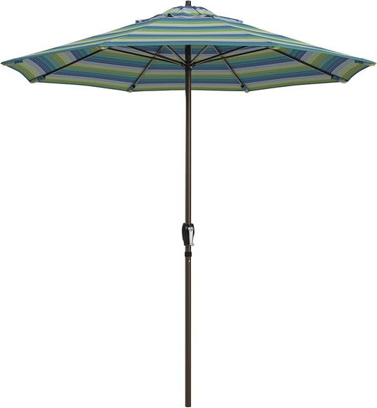 California Umbrella 12-Year Protection 7.5-Ft Outdoor Patio Umbrella, Sunbrella Fade-Resistant Fabric, Auto-Tilt, Heavy Duty Aluminum Frame, 8 Reinforced Ribs for Pool or Deck, Bronze Pole, Seville Seaside