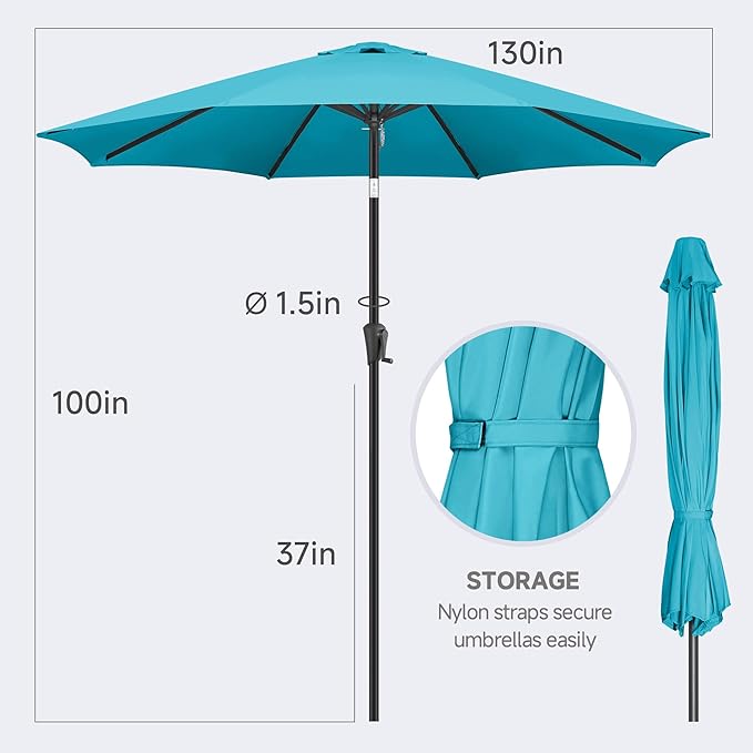 FLAME&SHADE 11 ft Patio Umbrella - Table Umbrella Outdoor with Push Button Tilt and Crank, UV Protection, 8 Sturdy Ribs, Market Umbrella for Garden, Deck, Backyard, Lawn, Pool and Beach(Aquablue)